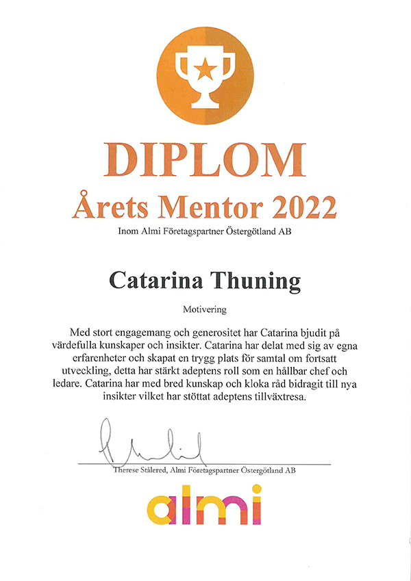 Diplom för Årets Mentor 2022 utdelat till Catarina Thuning.